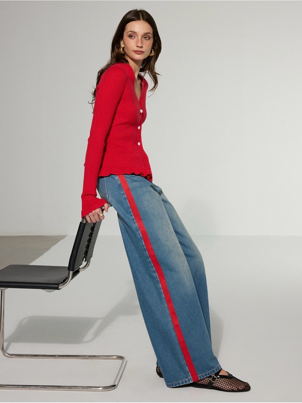 NWT Commense Contrast Side Stripe Wide Leg Jeans Blue Red L 8/10